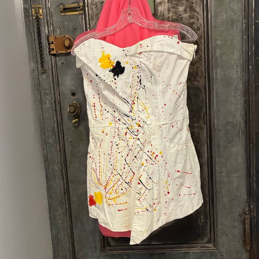 Super cool strapless white cotton mini dress with splatter paint design L